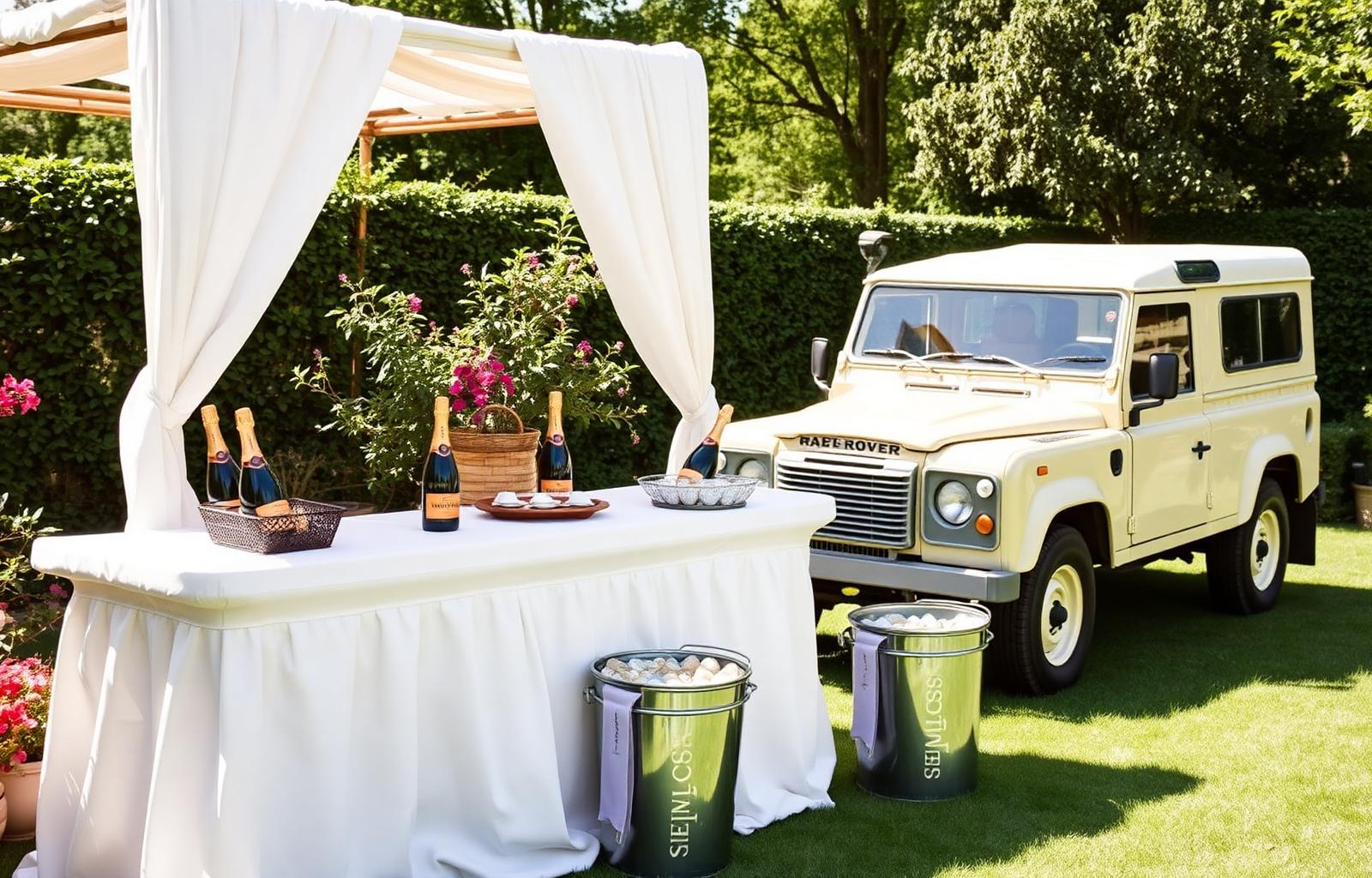 Private luxury garden setup with vintage Land Rover